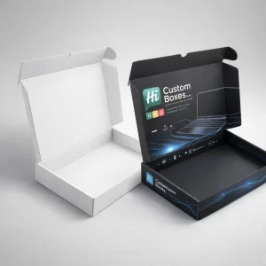 Open top-loading mailing boxes displaying a clean white interior and a branded black tech-themed design.
