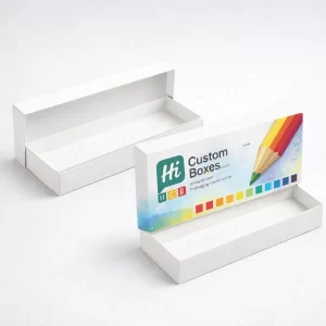 Two long, premium horizontal pencil boxes with lids; one is plain white and the other features a large pencil illustration.