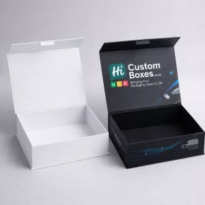 Two high-end magnetic lid boxes, one minimalist white and one black with branded interior lid.