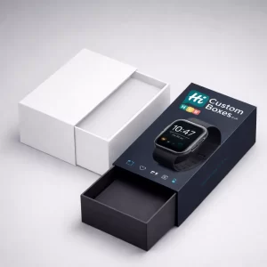 A premium sliding drawer box design in navy blue and white, showcasing a modern smartwatch.