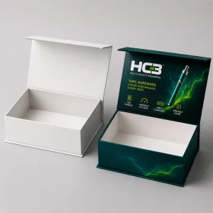 Custom printed magnetic rigid boxes for luxury vape battery hardware shown alongside a plain white sample.