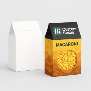 Two gable-top boxes- one plain white and one yellow with a window showing macaroni inside