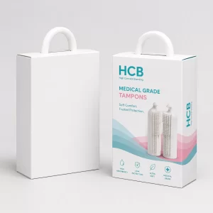 An open and closed teal floral branded box designed for medical grade tampon product packaging.