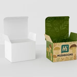 Two open rectangular boxes- one plain white and one with earthy mushroom and leaf illustrations