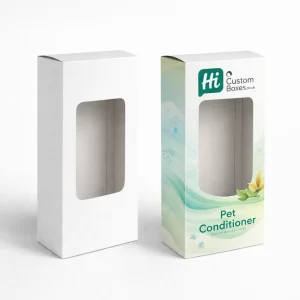Two vertical product boxes with die-cut windows, one plain white and one with aquatic-themed branding.