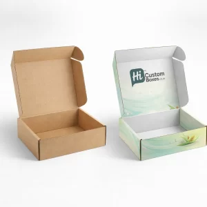 Two open cardboard mailer boxes, one plain brown and one with custom interior brand printing.