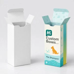 Two upright open-top pet shampoo boxes- one plain white and one with dog illustrations and branding