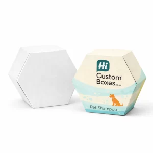 Two hexagonal cardboard boxes- illustrating a plain white design and a custom-printed pet shampoo version