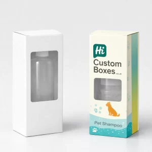 Two rectangular boxes with windows- one plain white and one with colourful pet shampoo branding