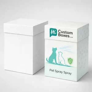 Two tall white two-piece rigid boxes for pet sprays, featuring a bespoke illustration of a dog.