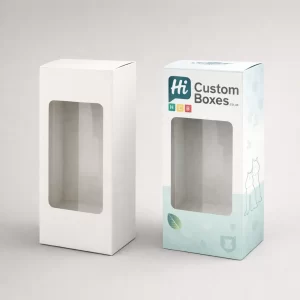 Two rectangular white boxes with transparent plastic windows, including one with custom branding and leaf icons.