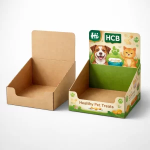 Two upright retail boxes with hanging tabs, one blank and one with a transparent window showing dog leashes.