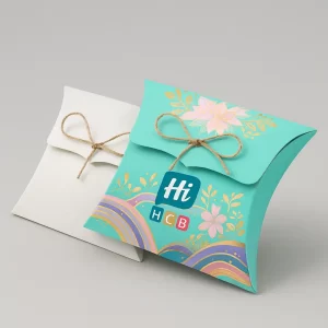Plain white and vibrant teal pillow boxes- both tied with rustic twine and featuring floral designs