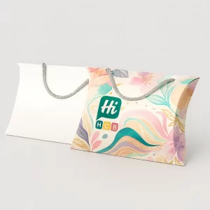 White pillow box next to a colorful watercolor floral box- both featuring silver rope handles