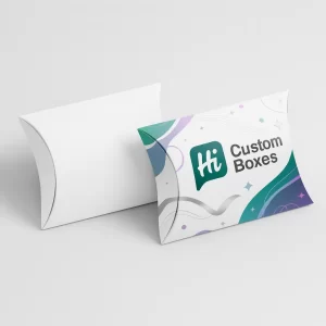 A white gift pillow box with a display window and a branded colourful patterned box