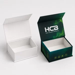 Custom magnetic rigid boxes for premium vape cartridge packaging shown in printed and blank options.