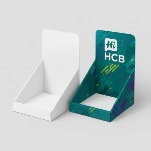 Printed corrugated display boxes with a straight backing card- shown in plain white and a modern design