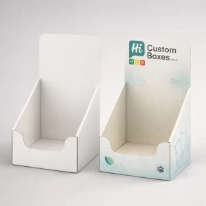 Two custom cardboard counter display units, one plain white and one with blue pet-themed branding.
