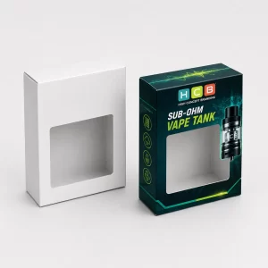 Custom printed vape tank boxes featuring a front die cut window and standard hanging tab.