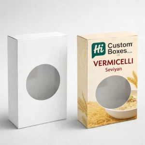 Printed vermicelli boxes featuring a circular window cutout to provide a clear view of the product.