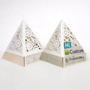 Printed pyramid shaped boxes for promotional products and gift packaging