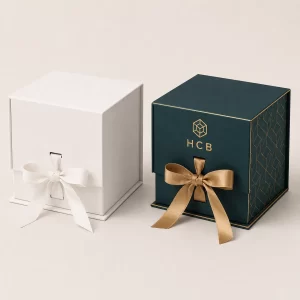 Luxury rigid cube boxes with ribbon and custom printing for premium gift packaging