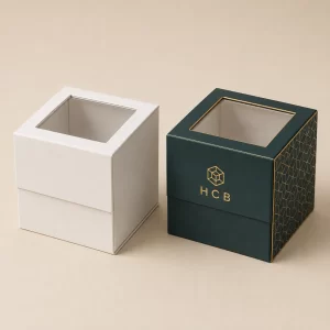 Custom rigid cube boxes with window for premium product display and protection