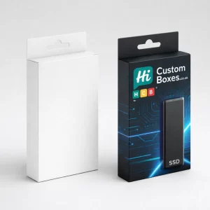 Photorealistic 3D render of a white blank box and a branded black SSD hanging box.