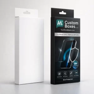 Two tall, rectangular screen protector boxes; one is plain white, the other features black custom branding.