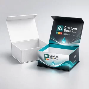 Two white cardboard boxes for soap dispensers, one plain and one with a blue wave design.