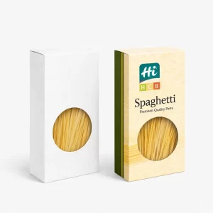 Two upright rectangular boxes- one plain white and one branded- with circular windows showing dry spaghetti