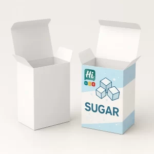 Traditional upright sugar boxes- one blank white and one featuring light blue branding and graphics