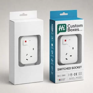 White and blue hanging retail cartons with transparent windows displaying a single white UK power socket.