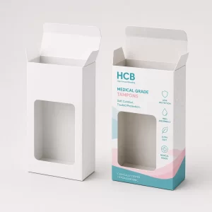 Two boxes with circular window cutouts, one plain and one printed with teal floral patterns.