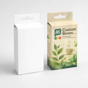 Hanging retail tea packaging boxes with a die-cut tab available in white and custom printed.