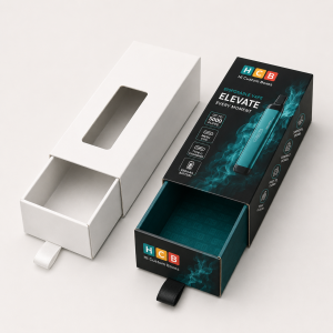 Sliding tray and sleeve style boxes for modern disposable vape product packaging.