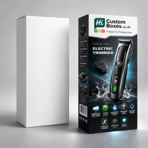 Professional vertical retail boxes with vibrant graphics and technical specifications for a cordless electric trimmer.