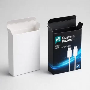 Two vertical retail boxes with open top flaps, one plain white and one printed black.