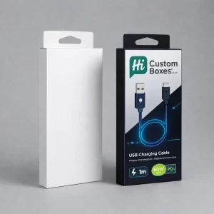 Vertical retail boxes with hanging tabs; one blank white and one black with blue accents.