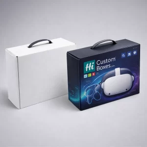 Two large rectangular boxes with carry handles- showing a plain white version and a branded blue version