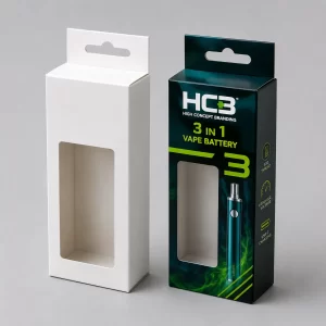 Printed vape battery boxes with a hanging tab and die cut window next to plain template.