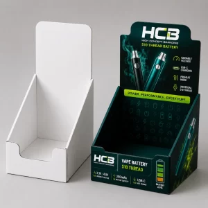 Custom printed cardboard counter display boxes for vape batteries displayed with a blank corrugated version.