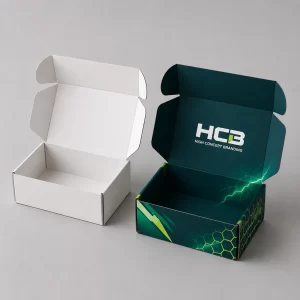 Custom printed cardboard mailer boxes for vape battery packaging alongside an unprinted white prototype box.