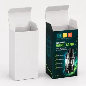Custom printed cardboard counter display boxes for retail vape tanks shown with a blank white sample.