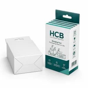 White retail packaging boxes with integrated hang tabs for easy pegboard display in commercial store environments.