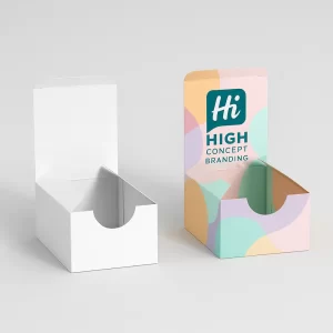 Bespoke soap counter display boxes- one plain white- one custom-printed with a pastel- abstract design