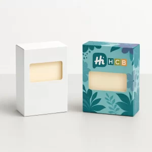 Custom soap tuck boxes with window- one plain- one colourful printed with -Hi- and HCB logos-
