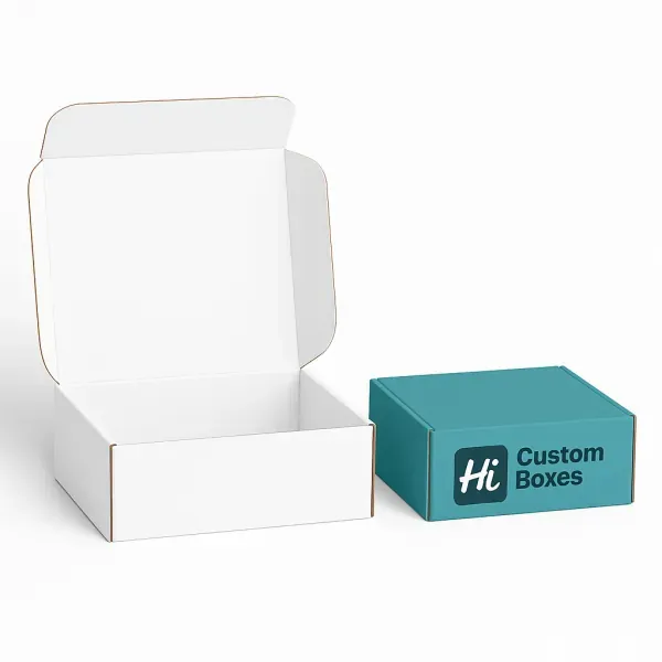 Two mailer boxes one plain white open box and one closed teal box with Hi Custom Boxes branding