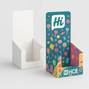 Small white and vividly branded countertop display boxes for confectionery or sweets