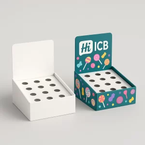 Retail display boxes with a rounded header and holes for lollipop sticks or other sweets